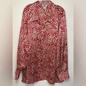 Bob Mackie 100% Silk Wearable Art Blouse Sz 34 5X Red White Animal Print Button